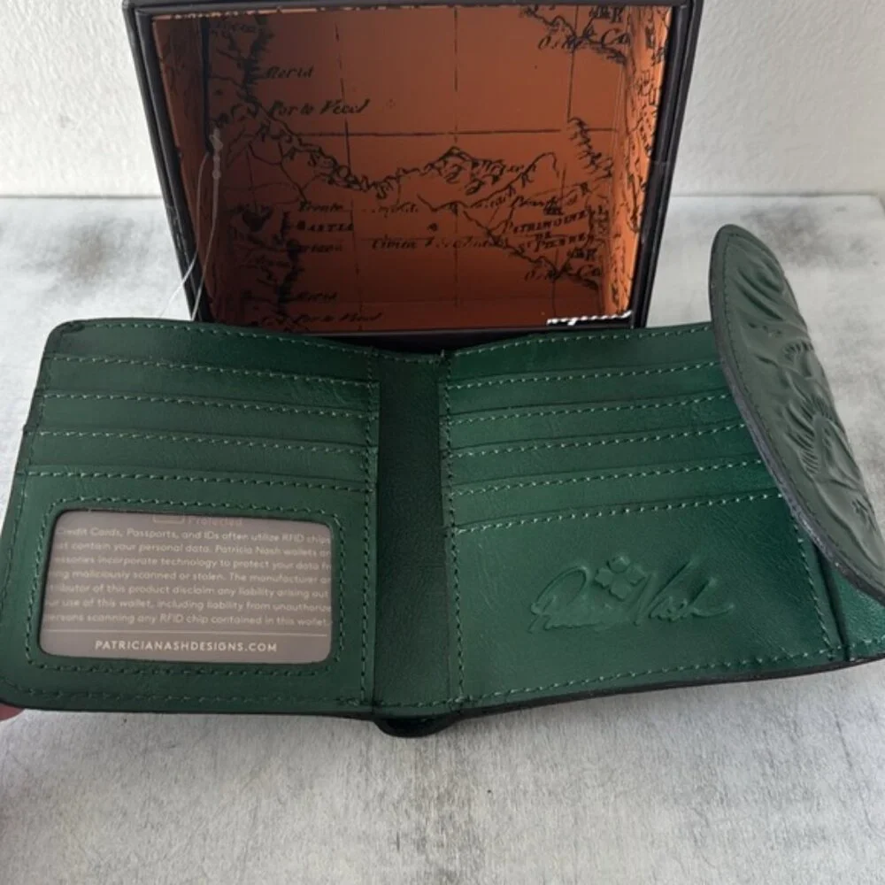 PATRICIA NASH Wallet Reiti Bi-Fold Tooled Leather RFID Green in Box